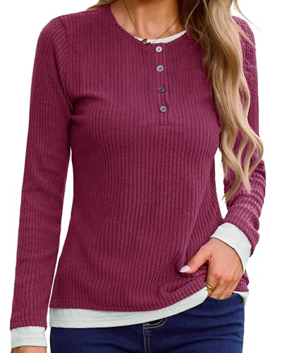 Gardenwed Sweater for Women Long Sleeve Shirts Tunic Tops Women Loose Fit Sweaters Trendy 2025 Burgundy L