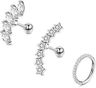CASSIECA 3PCS 16G Stainless Steel Cartilage Earring Curved Vine CZ Star Upper Ear Helix Conch Cartilage Piercing Earring Helix Earring Hoop Daith Earring Piercings Jewellery for Women Girls