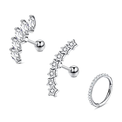 CASSIECA 16G Boucle d'oreille Cartilage en Acier Inoxydable Vigne Courbée CZ Boucle d'oreille Hélice de Cartilage Conque Etoilée Boucle d'oreille Hélice Anneau Boucle d'oreille Daith Bijoux Piercings Cover