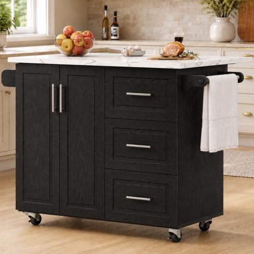 43" Kitchen Island on Wheels, Rolling Kitchen Island with Drop Leaf, Black