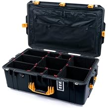 ColorCase Pelican 1595 Case Black - Large Sized Waterproof Case with TrekPak Divider System & Combo Pouch Lid Organizer- Yellow Handles & Latches