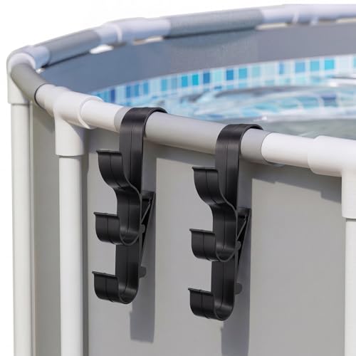 Chumia 2 Pack Adjustable Pool Pole Hanger with 3 Hooks, Pool Fence Hooks Clip-on Poolside Organizer for Above Ground Wall Pools, Fits Skimmer, Net, Brush, Vacuum Pole, Hose and Towels (Black)