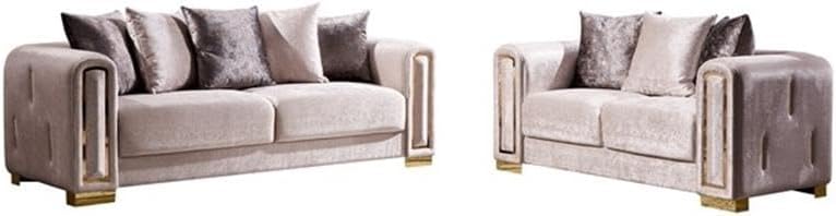 Pemberly Row Velvet Fabric Loveseat, Beige Finish, Solid Wood and Stainless Steel Frame, Gold Line Detail, Plush Upholstery, Luxurious Living Room Seating for Two