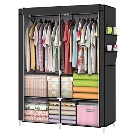 HESMENO Portable Wardrobe Portable Closet Wardrobe Closet for Hanging Clothes with Two Hanging Rods Non-woven Fabric Cover Black Cover