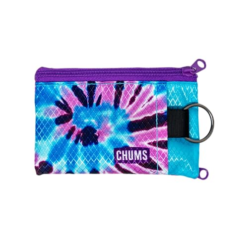 Image of Chums Surfshorts Wallet - Lightweight Slim Wallet with RFID Blocking Card & Clear ID Window - Zippered, Water Resistant w /Key Ring (Purple Tie Dye)