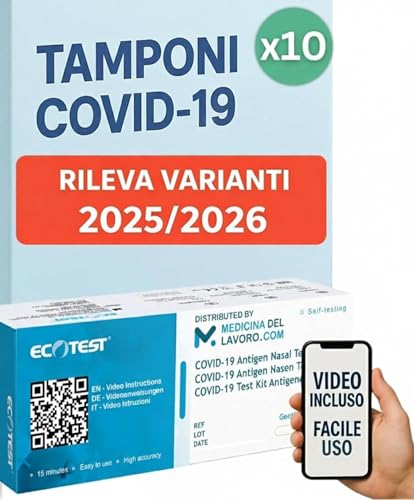 10 x Tamponi Covid 19 Rapido 2026 Nasale Pronto all'uso, Kit Rapido Tampone per l'Antigene Sars-Cov-2 Validato Nuove Varianti 2025/2026. Sensibilità 100% a carica virale alta (10 Test)
