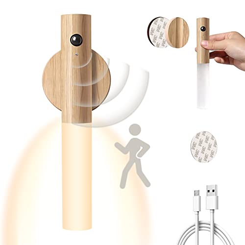 WORLUDE Lámpara de pared Recargable USB de Madera, luz de pared Portátil con Sensor de Movimiento, Luz nocturna LED blanca cálida con pilas Adecuado para Dormitorios, Pasillos, Escaleras