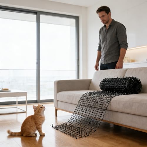 XFLYP Dornengitter Tier-Barriere, 200*30cm Katzen-Abwehrstreifen Tier-Barriere Katzenschreck Tierschreck, Anti-Katzen-Netzwerk Graben Stopper Prickle Strip Spike Matte mit 8 U-Förmig Erdanker(Weiß)