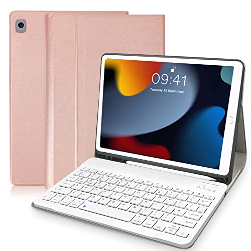 ipad Keyboard Case for iPad 10.2 9th Generation 2021/8th Gen 2020/7th Gen 2019, Built-in Pencil Holder, Smart Case (UK Layout) with Magnetic Detachable Wireless Keyboard-Rose gold Cover
