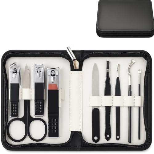 Kit Manicure Portátil 9 Peças Estojo em Couro Sintético Preto, Acessórios em Aço Inoxidável