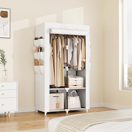 Vicye Tragbarer Kleiderschrank Stoffschrank für Hängende Kleidung mit 4 Ablagen, 2 Kleiderstangen und 6 Taschen, Stabil und Leicht Aufzubauen, Schrank mit Abdeckung für das Schlafzimmer, Weiß
