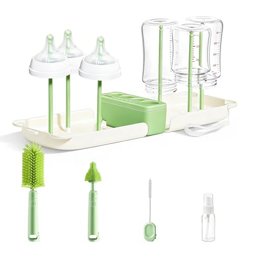 Travel Baby Bottle Cleaner Kit，7-in-1 Baby Bottle Brush Set for Travel and Home, All-in-One Baby Bottle Washing Kit: Integrated Cleaning & Drying System for Bottles and Breast Pump Parts (Green)
