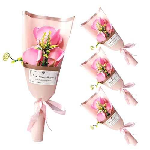 DIFEIUKI ソープフラワー 花束 3輪 4束セット ピンクローズ バラ 薔薇 ミニブーケ 個別包装 枯れない花 バレンタイン ポチギフト 女性 親友 ガールフレンド 誕生日 クリスマス 開会式 卒業式 退職 ローズブーケ ラッピング済