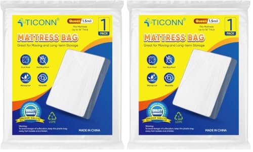 Image of TICONN 1PK Plastic Mattress Bag for Moving Storage, Waterproof Mattress Protector Cover, Heavy-Duty Mattress Moving Supplies (1.5 mil, Queen) (Pack of 2)