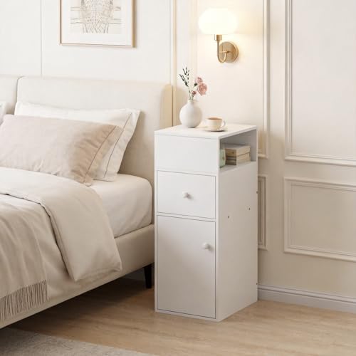 Image of Homullel 25cm Narrow Bedside Cabinet Drawer Slim Bedside Table Small Nightstand Bed Side Table for Bedroom Living Room (1 Drawer+Door Cabinet, White)