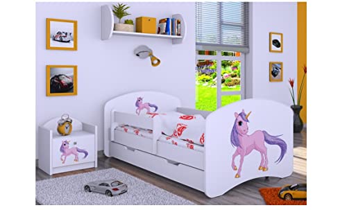 BDW Kinderbett mit Matratze und Bettkasten - NEU, 140/160/180/190 Verschiedene Motive Für Junge Einhorn (Weiß, 160x80)