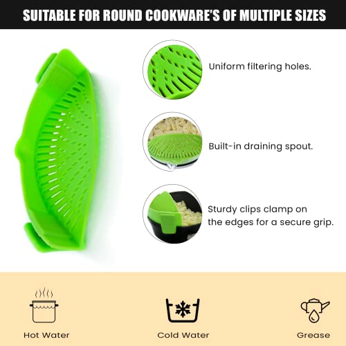 Clip-On Kitchen Food Strainer For Spaghetti, Meat, Pasta, & Ground Beef Grease, Colander & Sieve Snaps Or Clip On Bowls, Pots & Pans. Includes Silicone Strainer Drainer, Brush & Garlic Peeler (Green) #TOP5