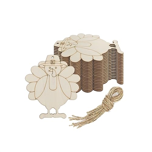 Creaides 20pcs Turkey Wood Cutouts DIY Crafts Wooden Turkey Shaped Hanging Tags with Hole Hemp Ropes for Fall Harvest Thanksgiving Christmas Party Decorations