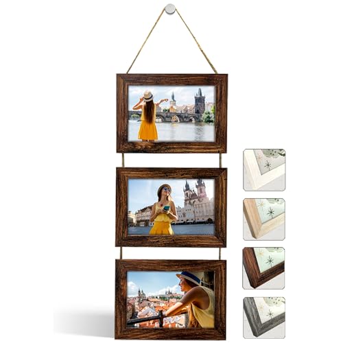 NEOWS Portafotos Múltiple Decorativo para Colgar en Pared - Marcos de Fotos Multiples de Madera Con Cuerda - Collage Portarretratos Colgante - Fotos 10x15 cm (Madera Envejecida, 3 Fotos Horizontal)