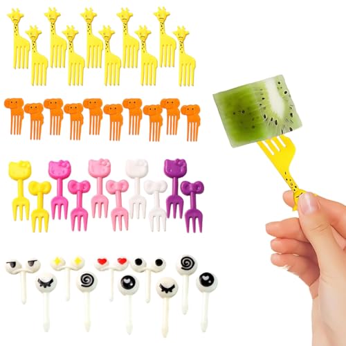 GNALIA Mini Tenedores Infantiles Fruta 40 Unidades Dibujos Animados 3D Reutilizables Postre Caja Almuerzo Té Fiesta Gato Elefante Jirafa Ojos Tamaño Estándar