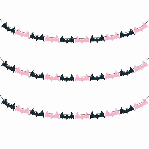 SaktopDeco 3 Pack Black Pink Bat Garland Felt Banner Hanging Bats for Fireplace Haunted House Halloween Themed Party Decorations