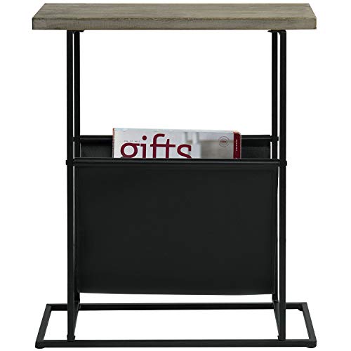 Mygift 21-Inch Modern Narrow Living Room End Table With Rustic Gray Solid Wood Tabletop And Black Metal Frame, Bedroom Nightstand Side Table With Magazine Holder Sling #TOP5