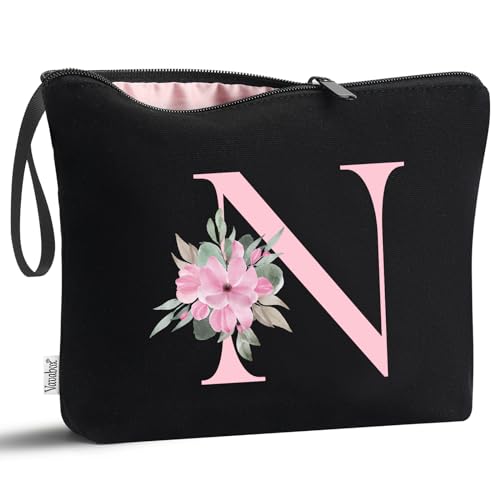 Image of Vavabox A-Z Personalized Makeup Bag, Birthday Gifts for Women Mom, Gifts for Best Friend, Bride Bridesmaid Cosmetic bag (N, 02-Black)