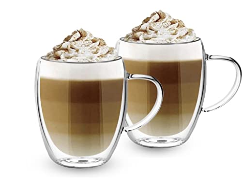 ADEPTNA Finest Large Pack of 2 Double Wall Glass Mugs Insulated Glass with Handle - Idea Gift for Xmas or Any Occasions (2 X 350ML)