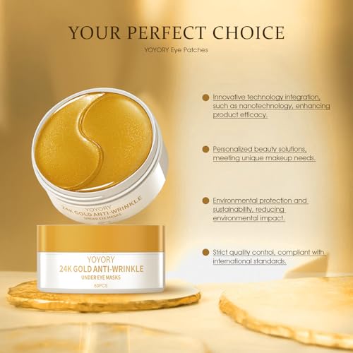 YOYORY Under Eye Patches Masks - Collagen & Hyaluronic Acid for Removing Eye bags, Puffiness, Dark Circles Smoothing Skin Care Treatment for Women and Men, (60 Pcs) Gold