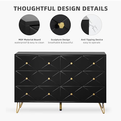 DWVO Upgrade Large 6 Drawer Dresser for Bedroom, Black Wood Dresser Chest of Drawers with Fluted Panels, Modern 47" W TV Stand Double Dressers Storage Cabinet for Living Room, Hallway, Entryway