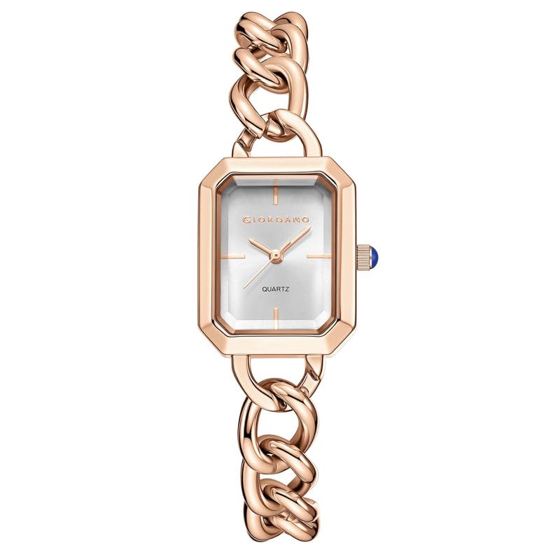 Image of Giordano Elegant Watch for Women with Gloss Sunray Dial, Quartz Movement, Rectangular Case, Stainless Steel Chain Strap and Blue Crown Accent