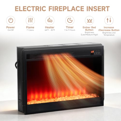 24 Inch Electric Fireplace Insert, Recessed & Freestanding Fireplace Heater with 7 Flame Colors, Crystal Ember Bed, Adjustable Thermostat 64°F–82°F, 1–9H Timer, Remote Control, Black