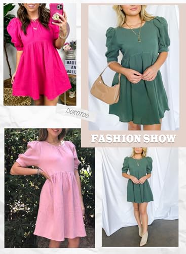 Dokotoo WG5W224239-11-M Womens Ladies Summer Sun Dress Spring Tunic Dress Round Neck Lantern Solid Color Short Sleeve High Waist Pocketed Mini Short Shift Dress thumb #4