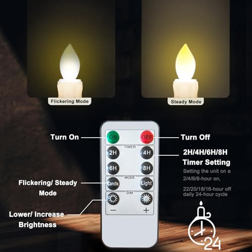 Image of 12 Pack Flameless LED Window Candles with Drip Texture, Removable Candle Holders, 24 AAA Batteries, Daily Timer, ON /Off Remote, 12 Window Suction Cups, Christmas Home Wedding Decor (Brown)