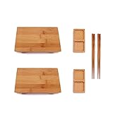 BambooMN Bamboo Sushi Plate / Tray, Chopsticks and Compartment Sauce Dish, 8.3' Rectangle - 2 Sets