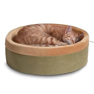 K&H Pet Products Thermo-Kitty Bed Heated Cat Bed for Indoor Cats , Electric Warming Bed for Cats and Small Dogs, Washable Thermal Plush Calming Round Pet Bed – Large 20″ Sage/Tan