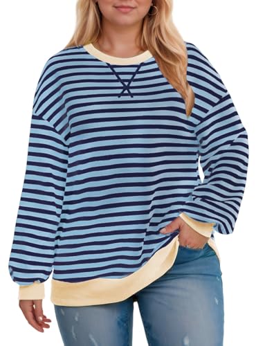 Image of ROSRISS Womens-Plus-Size-Oversized-Sweatshirts Striped Colorblock Long Sleeve Shirts Casual Crewneck Pullover Sweaters XL-5XL