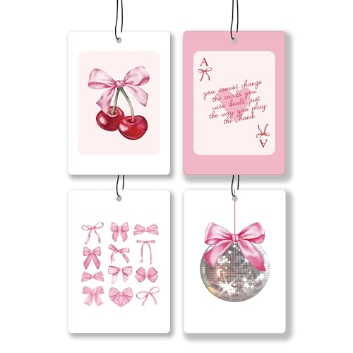 Image of Coquette Pink Bow Lavender Car Air Freshener, Preppy Pink Cherry Disco Ball Ace Card Hanging Air Freshener 4 Pcs for Cars Closet Drawer Books, Cute Girly Car Accessories Mirror Decor for Women