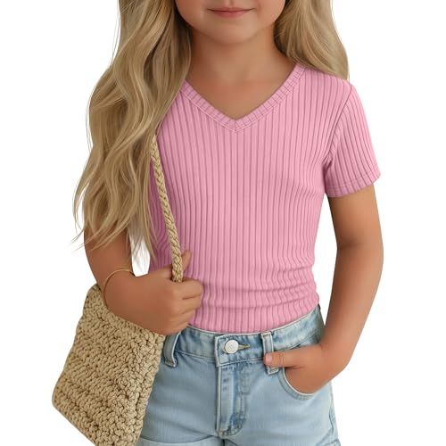 JoyMotion Toddler Girls Shirts Cotton Short Sleeve V Neck 18M-5T Baby Tops Ribbed Knit Fitted Casual Soft Summer Clothes(5 T,Light Pink)