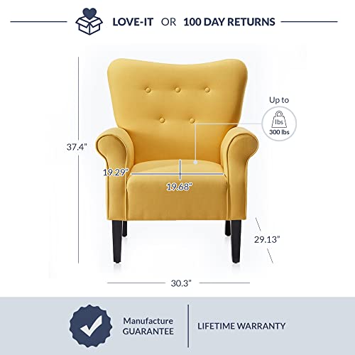 Belleze Modern Accent Chair Armchair For Living Room Or Bedroom With Wooden Legs, High Back Rest, Padded Armrest, And Comfortable Cushioned Seat - Allston (Citrine Yellow) #TOP2