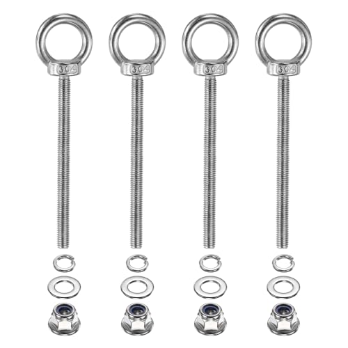 Image of PATIKIL M6 x 80mm Shoulder Eye Bolt, 4 Pcs 304 Stainless Steel Lifting Ring Threaded Eye Bolt with Flange Lock Nuts Spring and Flat Washers for Hanging Tie Down Straps Outdoor Indoor