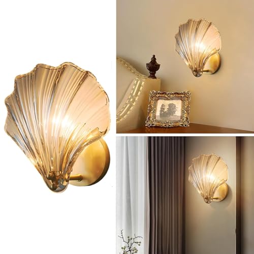 Luxury Home – Crystal Shell Wall Sconce Gold Brass Indoor Wall Lamp,Elegant Glass lampshade with Durable Brass Finish, Easy Hardwired Installation, Perfect for Bedroom,Hallway (A)