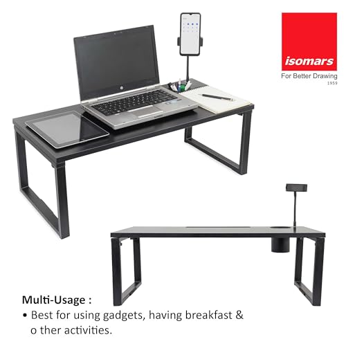 Image of Isomars Bed Desk /Floor Desk with Mobile Holder 76cm x 35.5cm (30 inch x 14 inch) Laptop Study Table for Work from Home, Online Classes, Card Games and Kid's Activities (with Holder: Black)