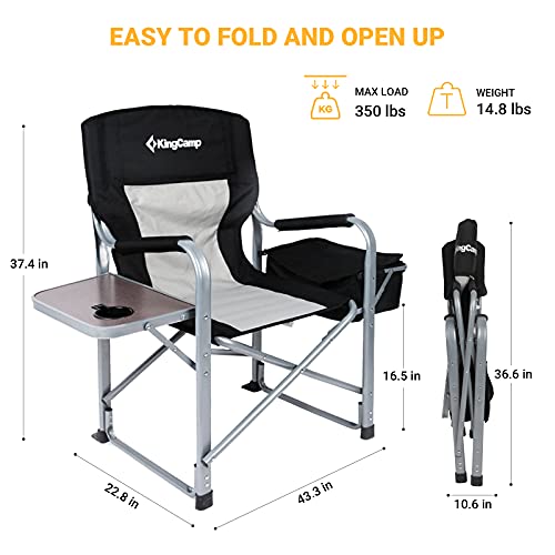 Kingcamp Folding Directors Heavy-Duty Camping Chair With Side Table & Cooler Bag Supports 350 Lbs For Fishing, Barbecue, Picnic, Any Other Outdoor And Indoor Activities, Oversize, Black/Grey-2 Pack #TOP1