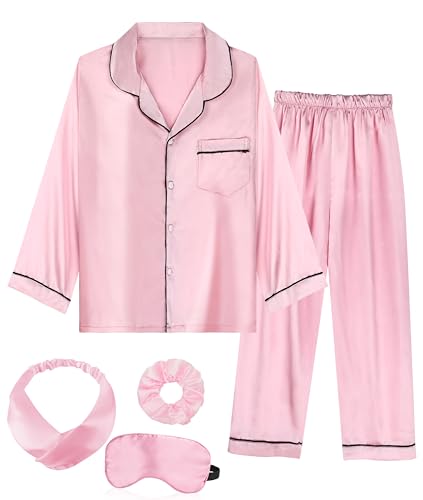 MEEYI Girls Satin Pajamas Kids Silky Pajamas Button Down Pjs Long Sleeve Girls' Sleepwear with Eye Mask Headband Scrunchie (Pink, Tag 120)