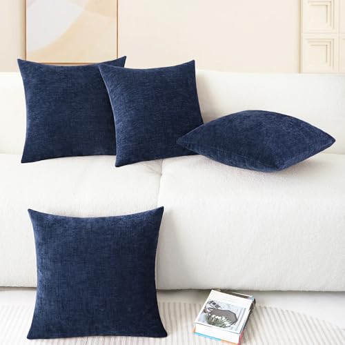 Image of CaliTime Throw Pillow Covers Decorative 18 X 18 Inches Pack of 4 Cozy Chenille Cushion Cases for Couch Sofa Bed Living Room Home Navy Blue