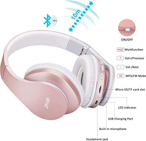 zihnic casque bluetooth casque audio stéréo sans fil pliable léger mini sd/tf micro intégré fm pour phones pads samsung pc (or rose)