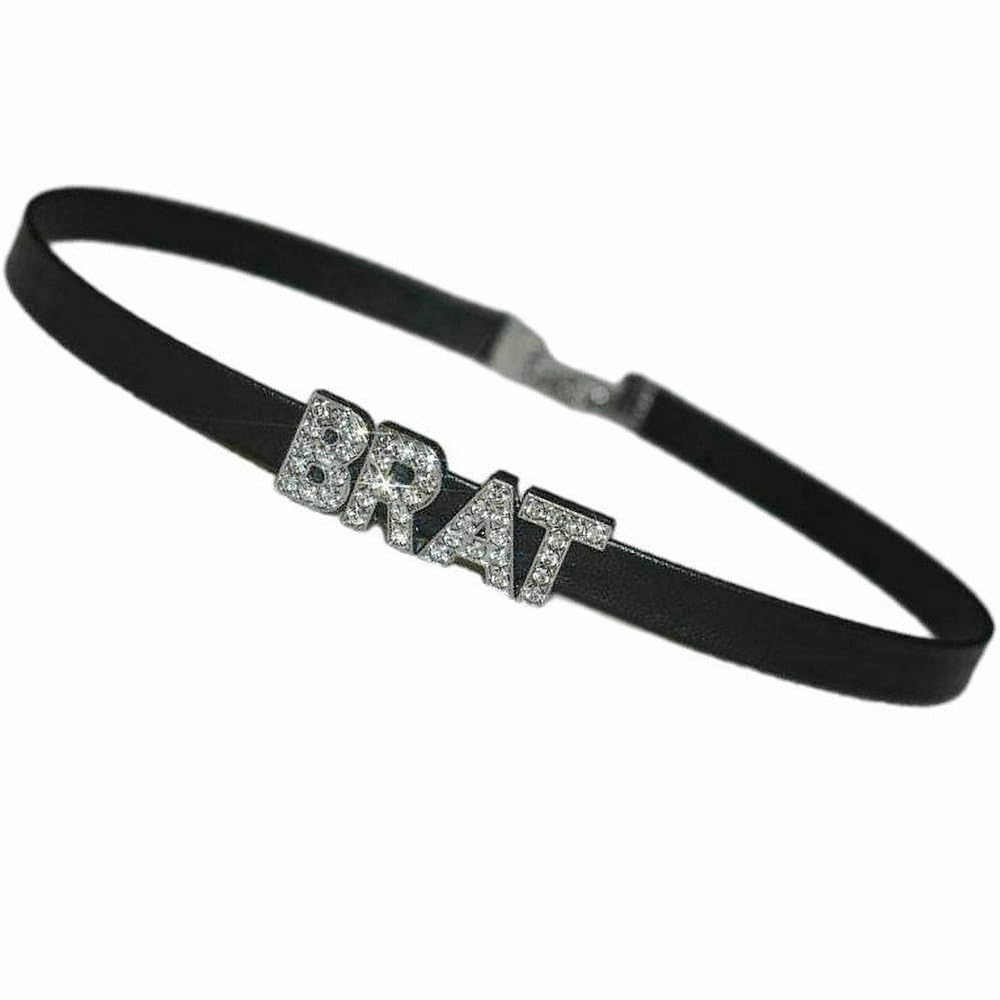 RhombaBRAT Choker Necklaces For Woman,Cute Kawaii Rhinestone Choker For Little One,Artifical Crystal Scrabble Letters Collar Necklace,Faux Leather Rhinestone Jewelry