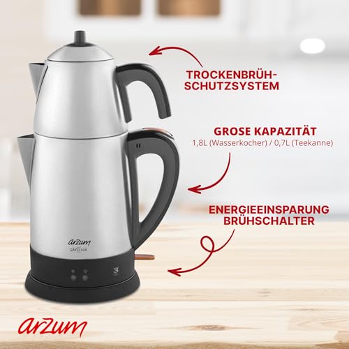 Foto von ARZUM Cayci Lux Inox Teebereiter, türkische Teekanne, Edelstahl, 0,7 l Topfkapazität, 1,8 l Warmwasserbereiterkapazität – 2100 W