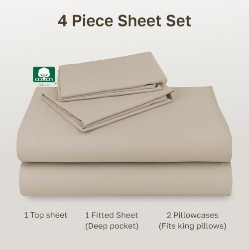 Image of California Design Den King Size Sheets Set - Natural 100% Cotton Sheets King Size with Deep Pockets, Soft Sateen Weave, Breathable and Durable Bedding Set Beige (Warm Taupe)